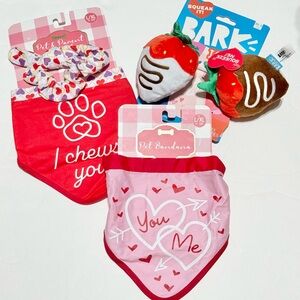 Woof 2 dog Valentines bandanas(L/XL) and 1 Bark dog toy strawberries NWT